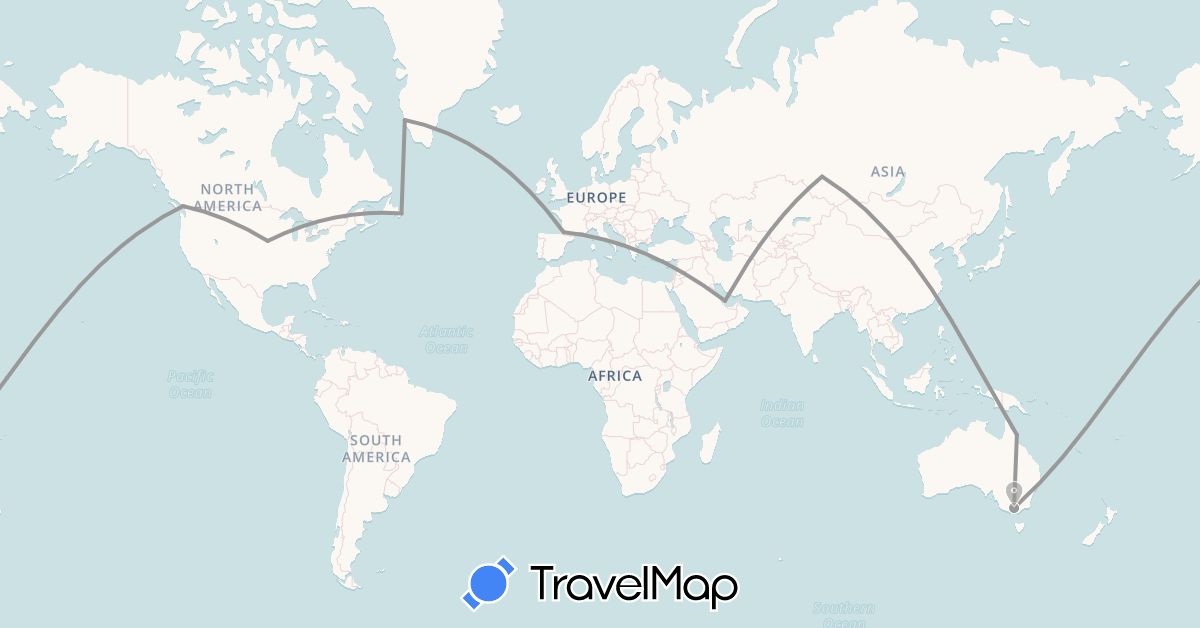 TravelMap itinerary: plane in Australia, Canada, France, Greenland, Qatar, Russia, United States (Asia, Europe, North America, Oceania)